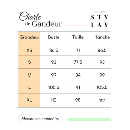 Image de la charte de grandeurs pour les vêtements de la Boutique STYLAY, entreprise québécoise artisanale de vêtements.